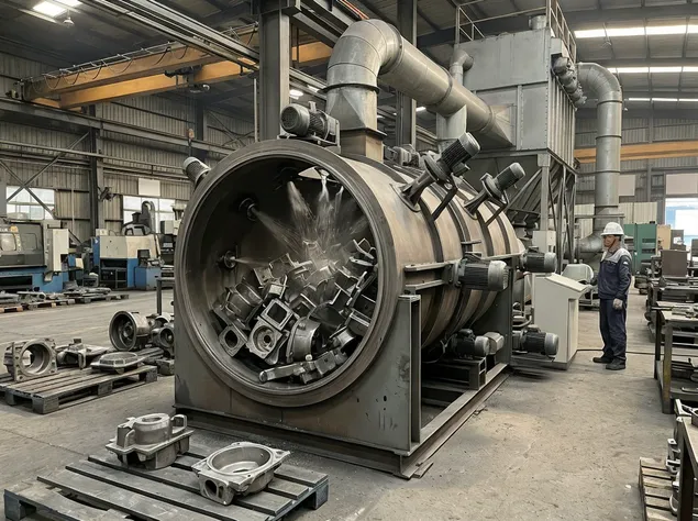Tumble blast machine configuration showing rotating drum chamber with multiple blast wheels for batch casting surface treatment