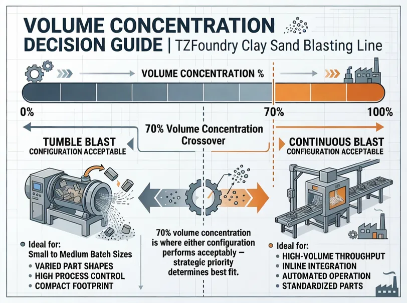 Visual decision guide showing the volume concentration spectrum for choosing between tumble blast and continuous blast configurations