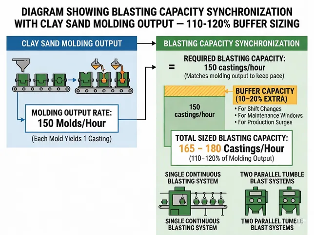 Diagram showing blasting capacity synchronization with clay sand molding output — 110-120% buffer sizing