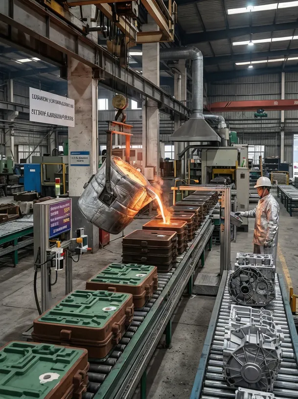 Aluminum automotive and aerospace casting line with automated pouring and moisture monitoring for porosity-free clay sand castings