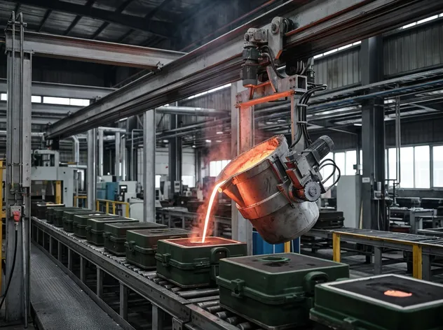 Servo-controlled automated pouring ladle on gantry rail system dispensing molten metal into molds on a clay sand casting line