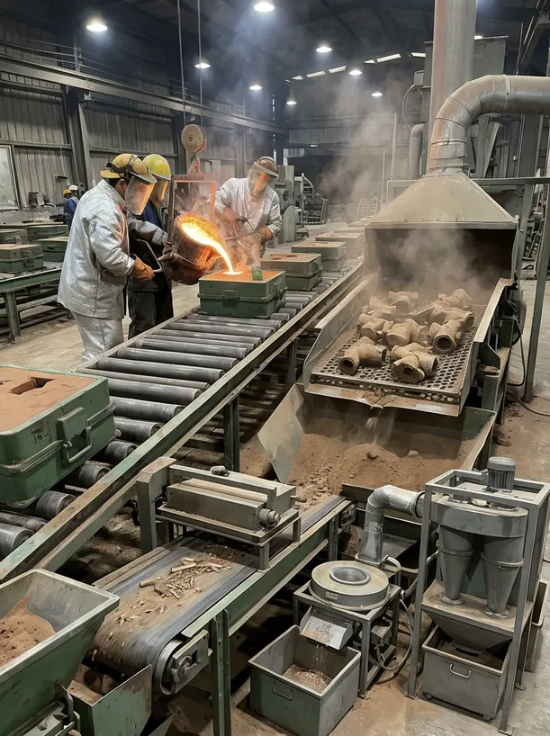 Clay sand casting line configured for bronze valve bodies and specialty alloy castings with short cooling conveyor and metal recovery system