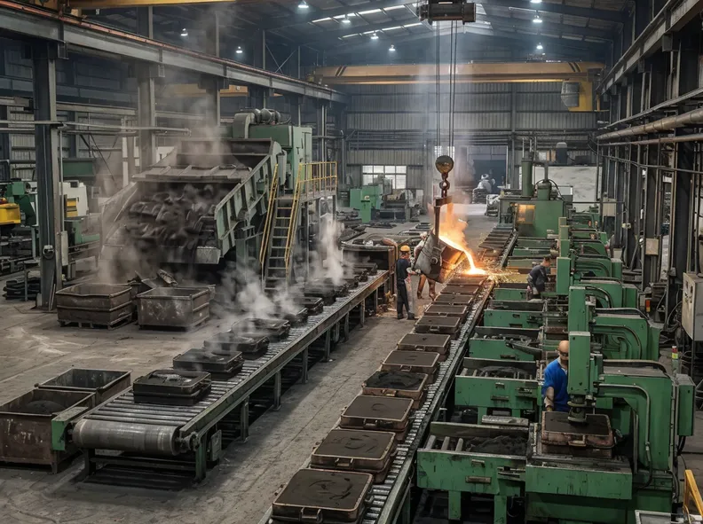 Clay sand casting line — full workflow view showing molding station, pouring system, cooling conveyor, and shakeout equipment
