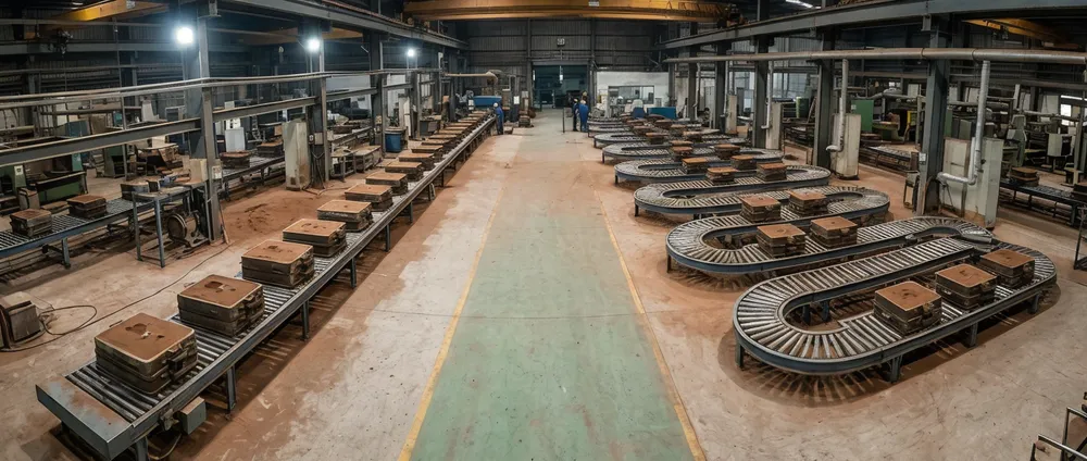 Straight-line vs. serpentine cooling conveyor layout comparison showing floor space differences in a clay sand casting line