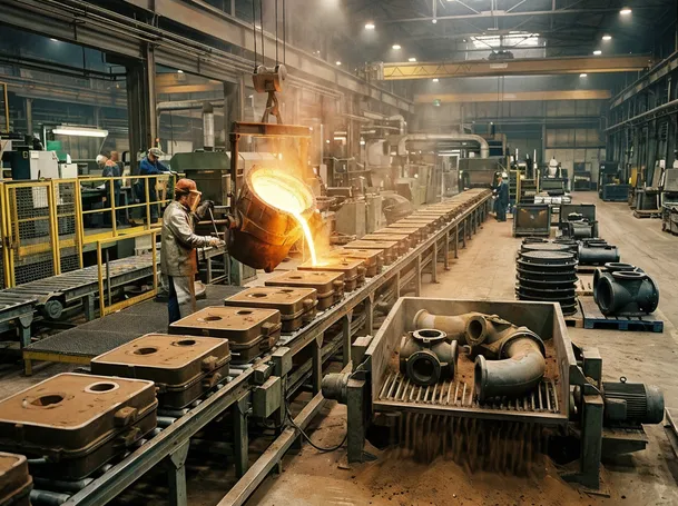 Ductile iron casting line configured for infrastructure components — pipe fittings, valve bodies, and manhole covers