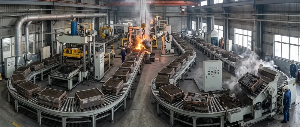 Flask circulation loop in a clay sand casting line — flasks moving through molding, pouring, cooling conveyor, and shakeout stations