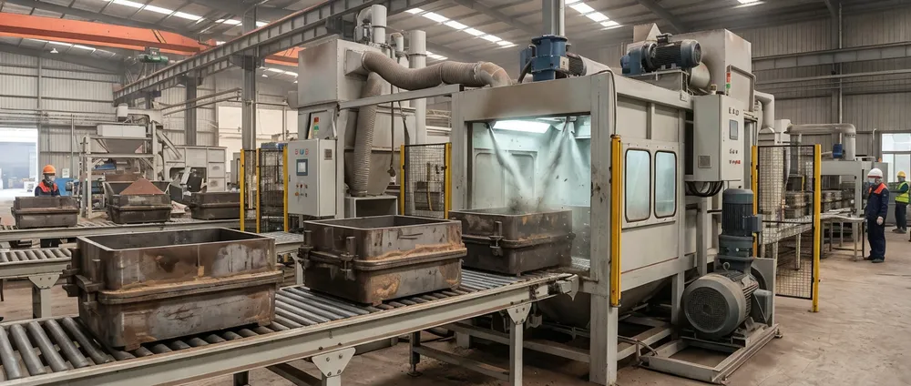Automated flask cleaning station in a clay sand casting line — shot-blast cabinet removing sand residue from steel flasks