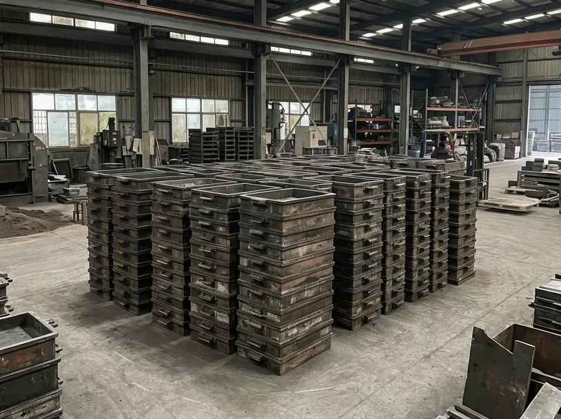 Flask inventory — metal flask frames stacked at a foundry staging area ready for casting line circulation