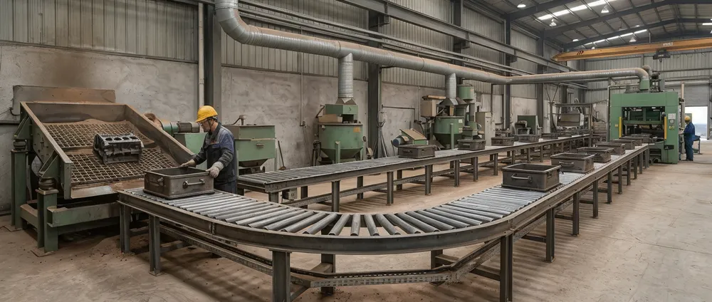 Roller conveyor flask return system showing the loop path from shakeout station back to the molding line in a clay sand casting facility