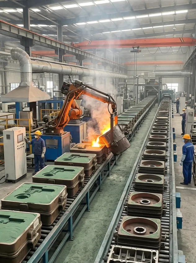 Gray iron clay sand casting line configured for automotive and machinery parts production — engine blocks, brake drums, pump housings