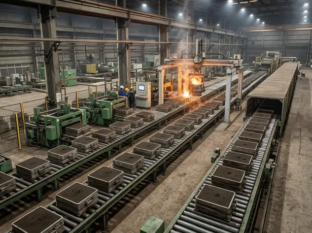 High-volume clay sand casting line with parallel molding stations and automated flask circulation — 100+ molds per hour configuration