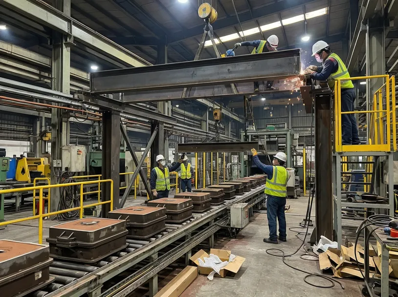 Automated pouring gantry being retrofitted above an existing clay sand casting line cooling conveyor