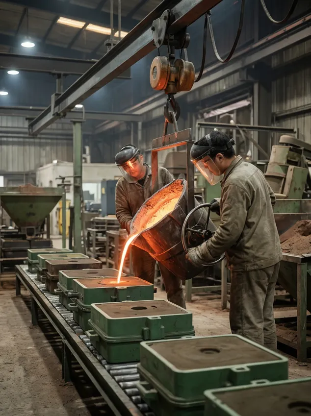 Two-operator manual ladle pouring station transferring molten metal into a clay sand mold on a TZFoundry casting line