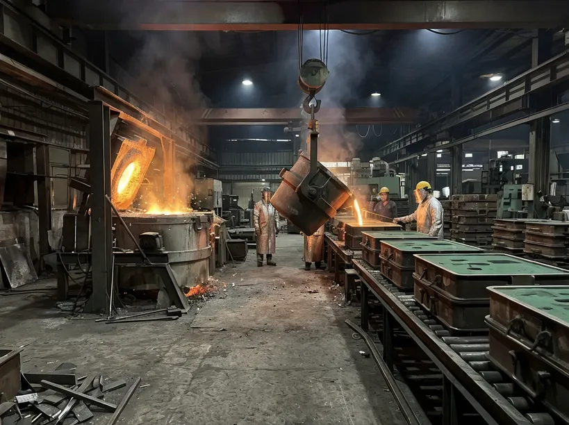 Melting furnace positioned near clay sand casting line pouring station showing transfer ladle path and 3-5 meter optimal distance zone