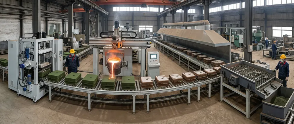 Mid-volume clay sand casting line layout showing servo-driven molding, automated pouring, extended cooling conveyor, and continuous-feed shakeout — 50 to 100 molds per hour configuration