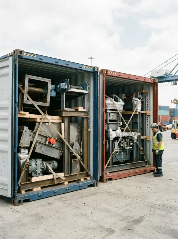 Modular clay sand casting line components packed in 40-foot containers for shipping and on-site assembly