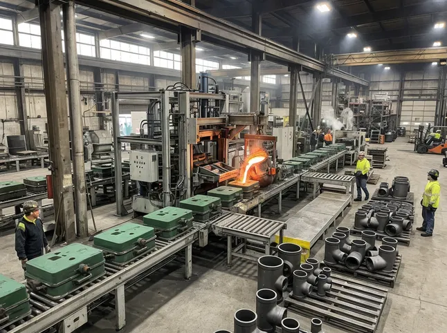 TZFoundry casting line installed in a North American foundry facility producing ductile iron pipe fittings at 110 molds per hour