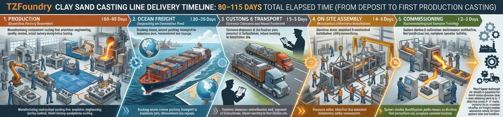 TZFoundry casting line timeline — 80 to 115 days from deposit through production, ocean freight, customs, assembly, and commissioning