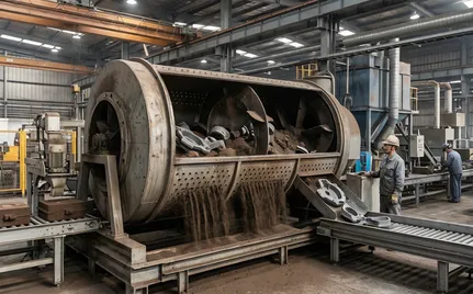 Rotary drum shakeout unit with 2-3 meter diameter drum and internal lifters for high-volume sand separation