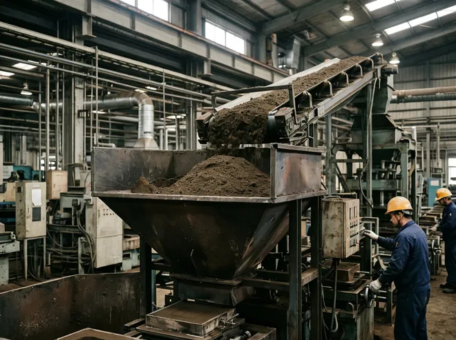 Sand feed hopper receiving prepared sand from processing conveyor at the molding station of a clay sand casting line