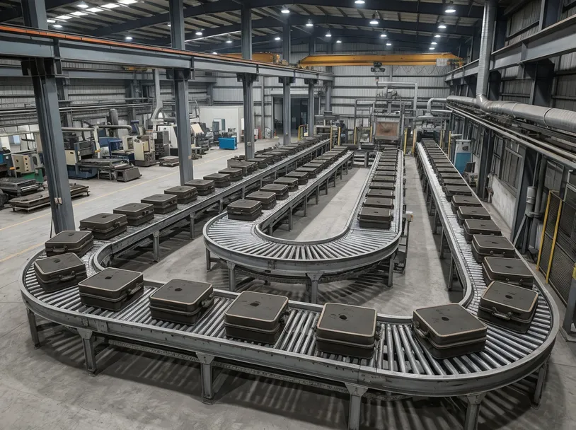 Serpentine cooling conveyor layout showing three parallel 5-meter runs with 180-degree turns for a 15-meter total cooling path
