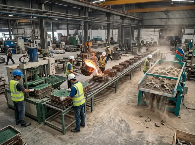Small-scale clay sand casting line layout — 20-50 molds per hour configuration showing molding station, cooling conveyor, and shakeout area within a 20m × 10m footprint