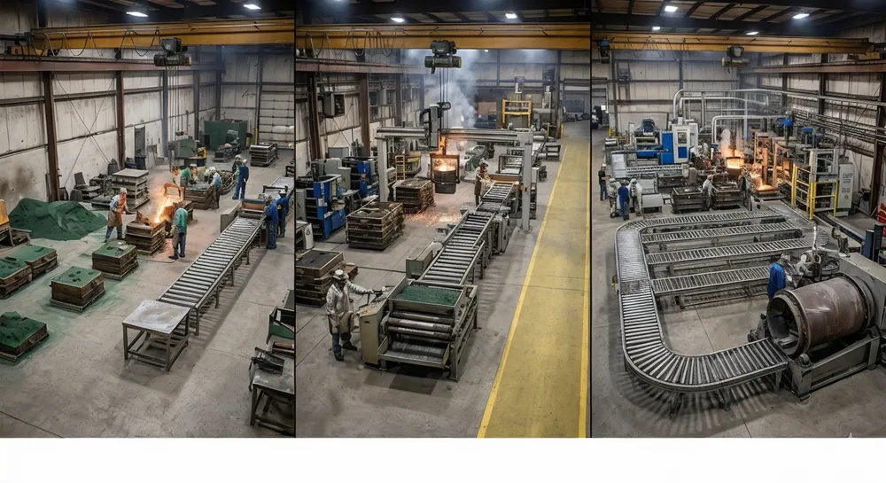 Technical specifications overview of TZFoundry clay sand casting line configurations across small, mid, and high-volume production scales