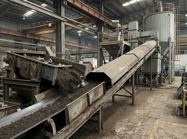 Used sand return conveyor connecting shakeout discharge to clay sand reclamation system inlet