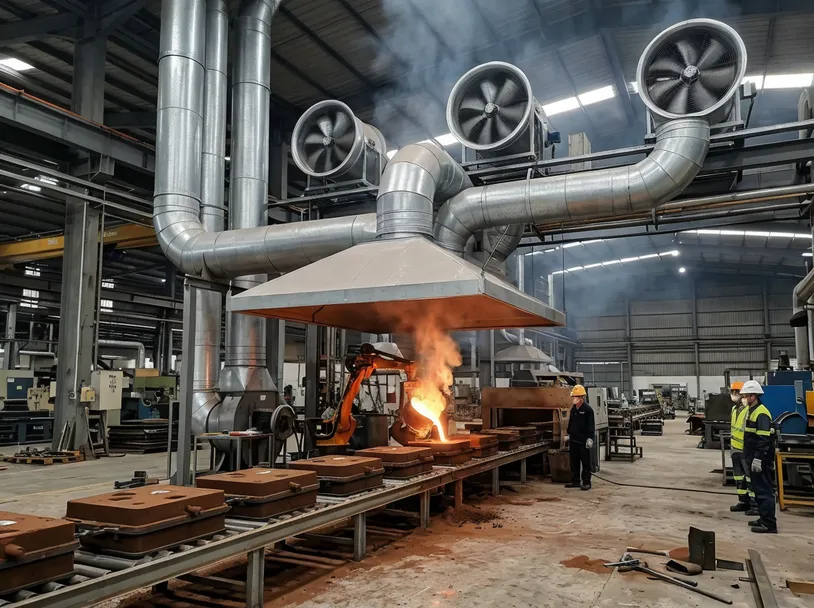 Ventilation and fume extraction system at a clay sand casting line pouring station with roof-mounted exhaust fans and ductwork