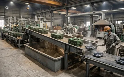 Vibrating conveyor shakeout system with molds moving along 3-5 meter conveyor for automatic sand separation