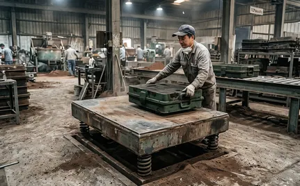 Vibrating table shakeout station with operator manually placing mold for sand separation