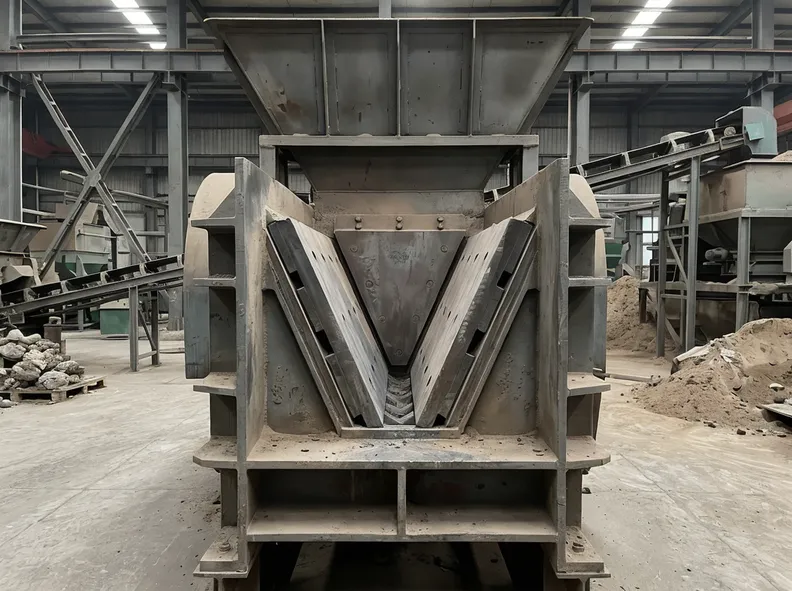 Clay sand jaw crusher for foundry sand reclamation — front view showing jaw opening and feed inlet