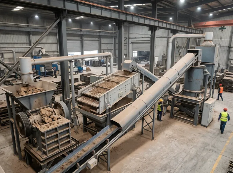 Complete clay sand reclamation system with jaw crusher, vibrating screen, and attrition mill integrated in foundry