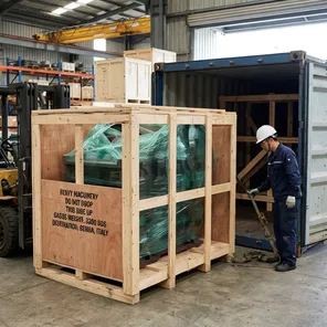 Clay sand jaw crusher packaged for ocean container transport — anti-corrosion treatment and wooden crate construction