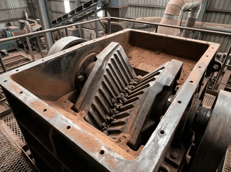 Clay sand jaw crusher crushing chamber showing steeper 22-24 degree nip angle designed for foundry sand