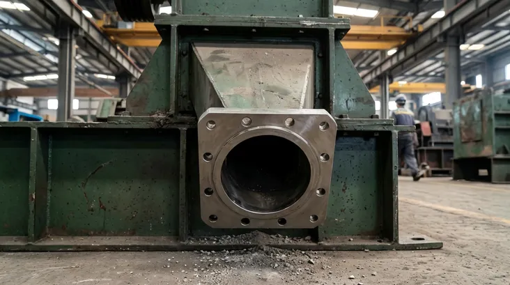 Discharge outlet with ISO standard flanged connection for vibrating screen or surge hopper integration