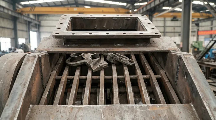 Feed inlet with flanged connection and grizzly bar screen protecting jaw plates from oversized metal castings