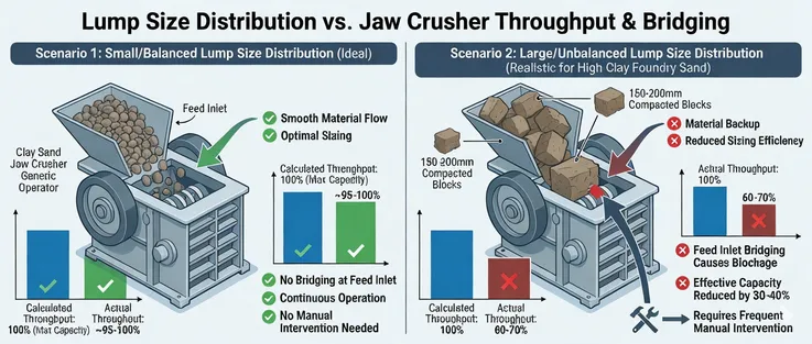 Diagram showing lump size distribution impact on jaw crusher feed bridging and capacity