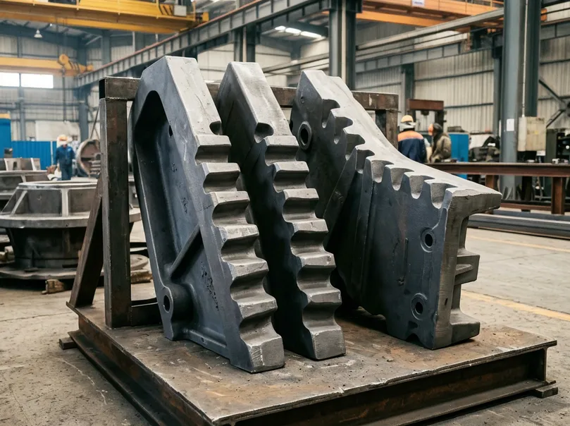 Manganese steel Mn13Cr2 jaw plate set showing fixed jaw and moving jaw — matched pair for optimal crushing geometry