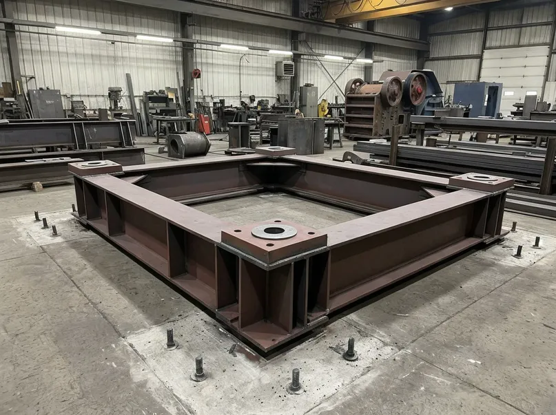 Structural steel base frame with anchor bolt positions for clay sand jaw crusher installation