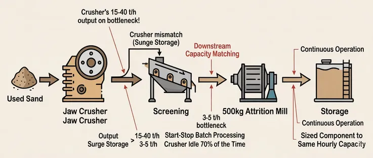 Reclamation system flow diagram showing crushing, screening, attrition, and storage capacity alignment