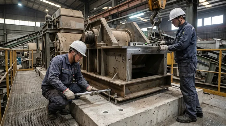 Retrofit installation of clay sand jaw crusher showing positioning, leveling, and anchor bolt torquing