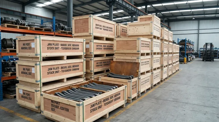 Jaw plate spare parts stocked at TZFoundry Qingdao facility in anti-corrosion wooden crates