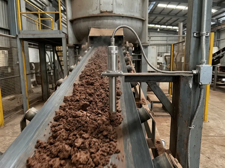 Capacitance moisture sensor mounted on discharge conveyor measuring clay sand moisture in real time