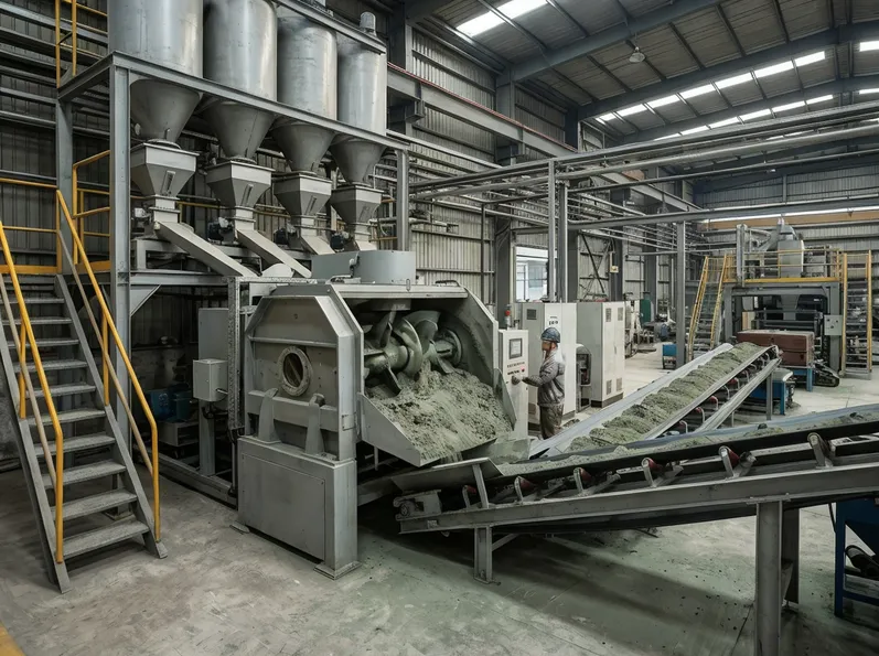 TZFoundry clay sand making line — complete sand preparation system with dosing station, mixer unit, and discharge conveyor