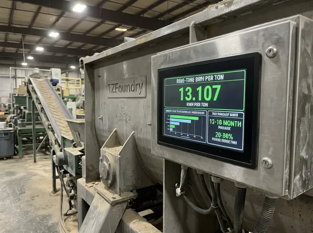 Energy consumption monitoring panel on a TZFoundry clay sand making line mixer showing real-time kWh per ton metrics