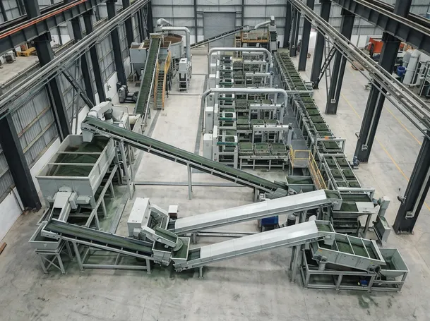 Greenfield foundry installation layout showing mixing line, molding line, reclamation, and washing stages connected by conveyors in a 25m × 12m footprint