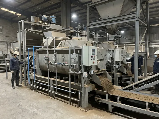 High-volume continuous clay sand mixing configuration with dual paddle mixers and closed-loop moisture control — 15 to 20+ tons per hour capacity