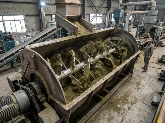 Horizontal paddle mixer with helical paddle arrangement showing radial and axial mixing flow paths in TZFoundry clay sand making line