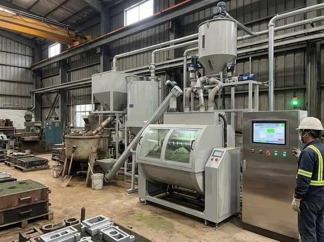 TZFoundry clay sand making line replacing manual muller mixing in a job-shop foundry — automated dosing upgrade